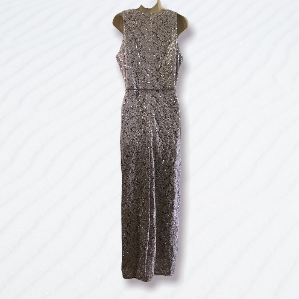 Kay Unger Bisque Lace and Sequin Gown with Front Slit Plus Size 16 - Picture 3 of 5